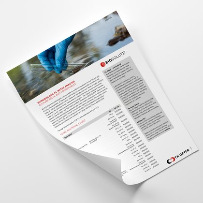 Gloved hand collecting a water sample shown on a BIOSOLUTE microbiological water analysis product information