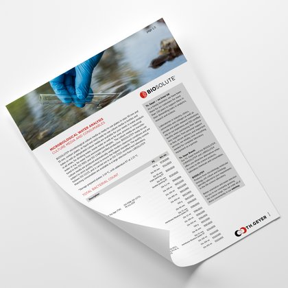 Gloved hand collecting a water sample shown on a BIOSOLUTE microbiological water analysis product information