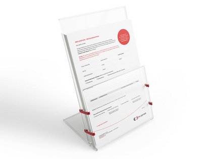 Der Aufsteller mit dem Formular für Rückgabeantrag bei Th. Geyer