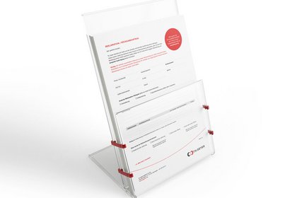 Der Aufsteller mit dem Formular für Rückgabeantrag bei Th. Geyer