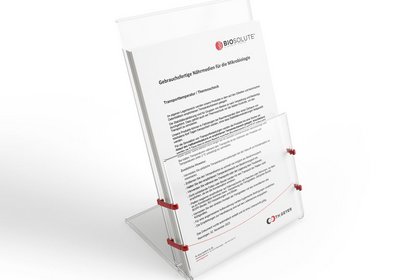 Aufsteller mit den Informationen zu gebrauchsfertigen Medien von Biosolute