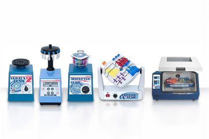 Mehrere Laborgeräte von Scientific Industries, darunter Vortex- und Probenmischer, Rotatoren sowie Schüttelgeräte für das Mischen, Inkubieren und Bearbeiten von Proben in Forschung, Diagnostik und Laboranalytik.