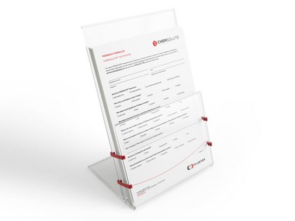 Der Aufsteller mit den Formularen zum Feedback zu Chemsolute-Produkten